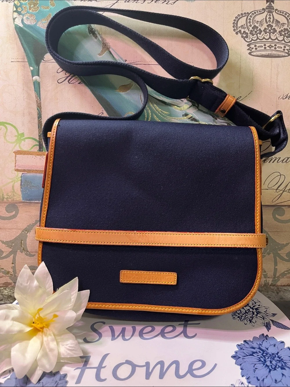 Dooney and Bourke Navy Canvas Messenger Crossbody Bag with Tan leather Trim